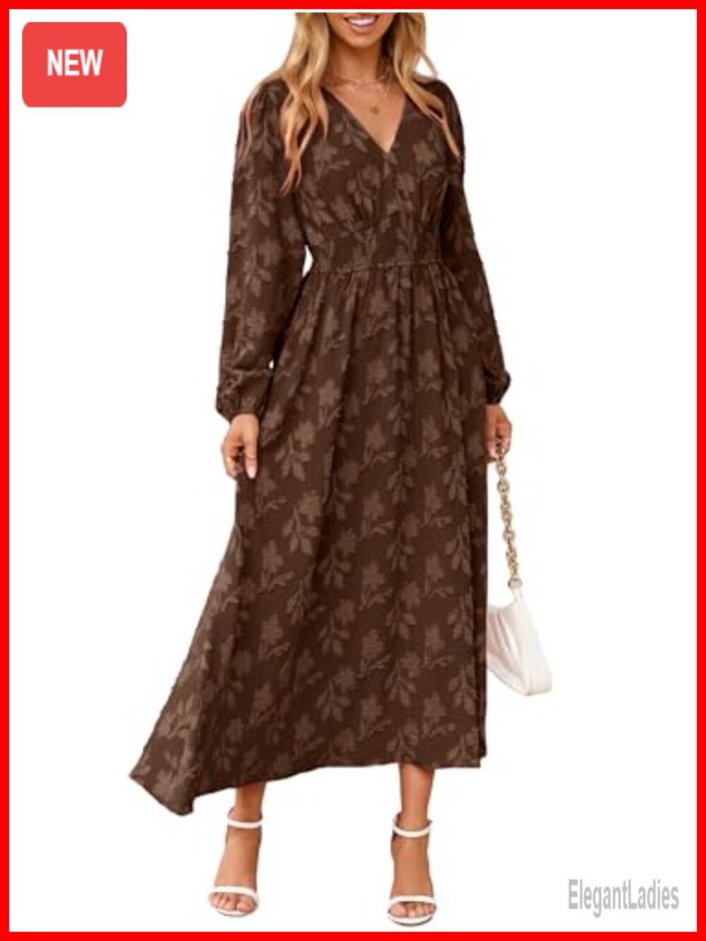 Boho Floral Long Sleeve Maxi Dress V Neck Empire Waist Wedding Guest Pockets